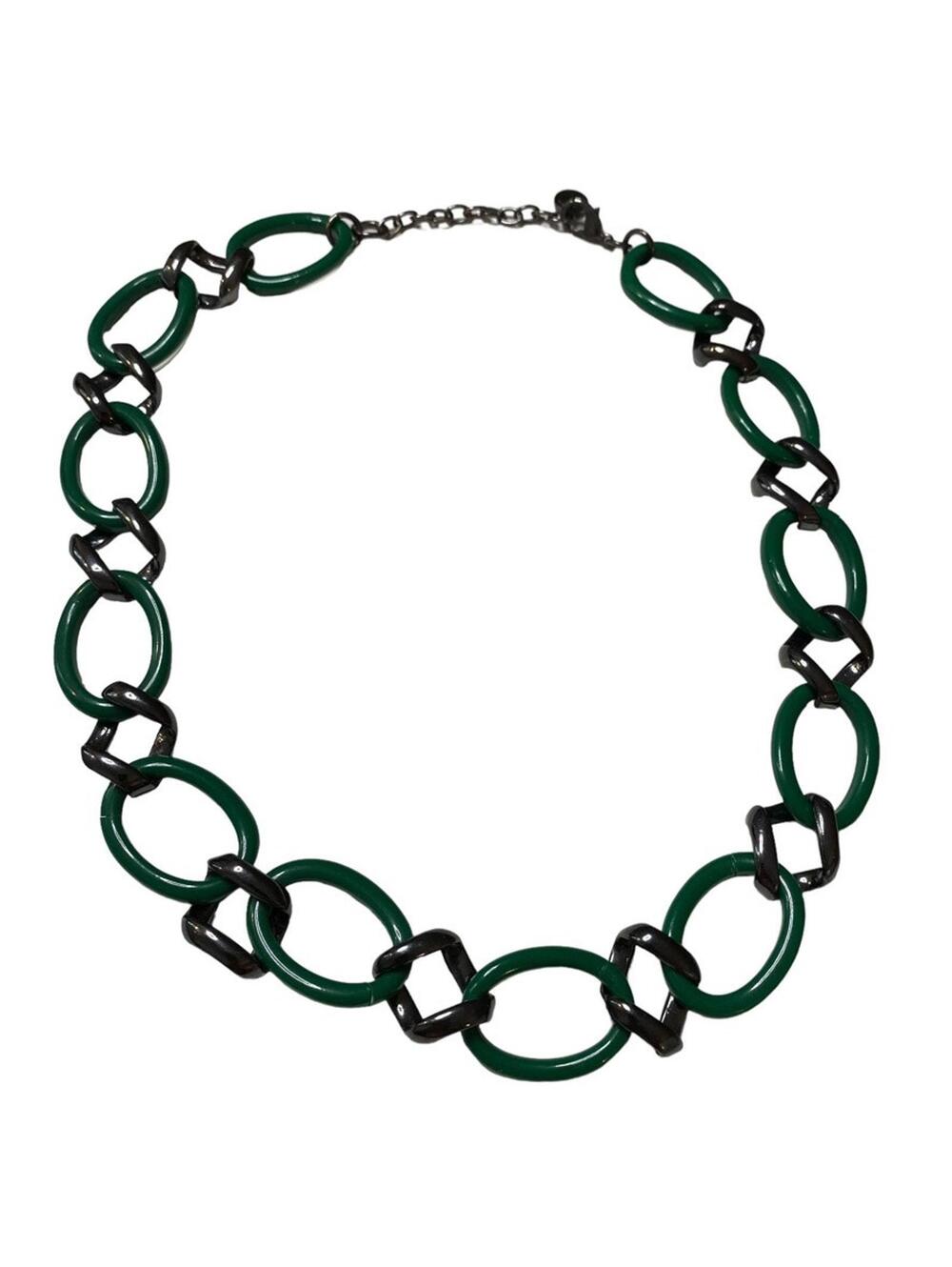 Talbots Chain Link Necklace Green Oval & Gun Metal